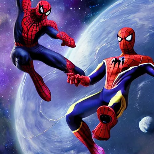 Image similar to thanos fighting spider man in space photo realistic