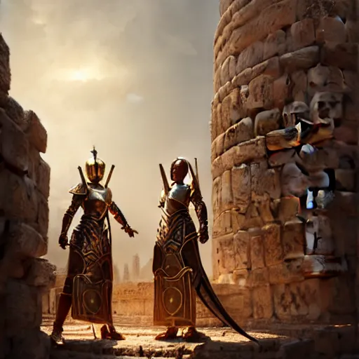 Image similar to An portrait of a female Knights of Zodiac, fgolden and copper armor, fighting at ancinet Agora of Athens, ruins, Golden Light, illustration, art by greg rutkowski and Daeho Cha and WLOP, volumetric light, lightrays, smoke, cinematic, intricate, hypermaximalist, super detailed