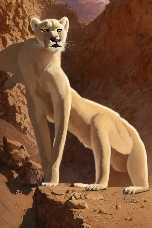 Image similar to A full commission of a male Furry Anthro albino mountain lion Fursona wearing miner's clothes in a desert mine, intricate, elegant, highly detailed, digital painting, artstation, concept art, smooth, sharp focus, illustration, art by Krenz Cushart and Artem Demura and alphonse mucha