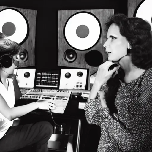 Prompt: two women working in a recording studio. film noir