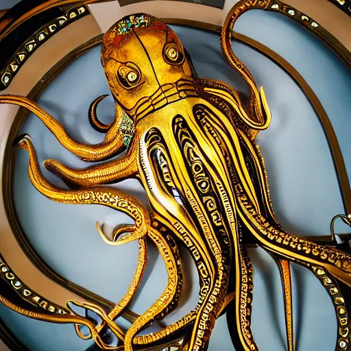 Prompt: close up of a female fashion model in year 3000 in art-deco entrance hall, model wearing a huge surreal Avant-garde octopus in gold, photography , official Versace editorial , highly detailed