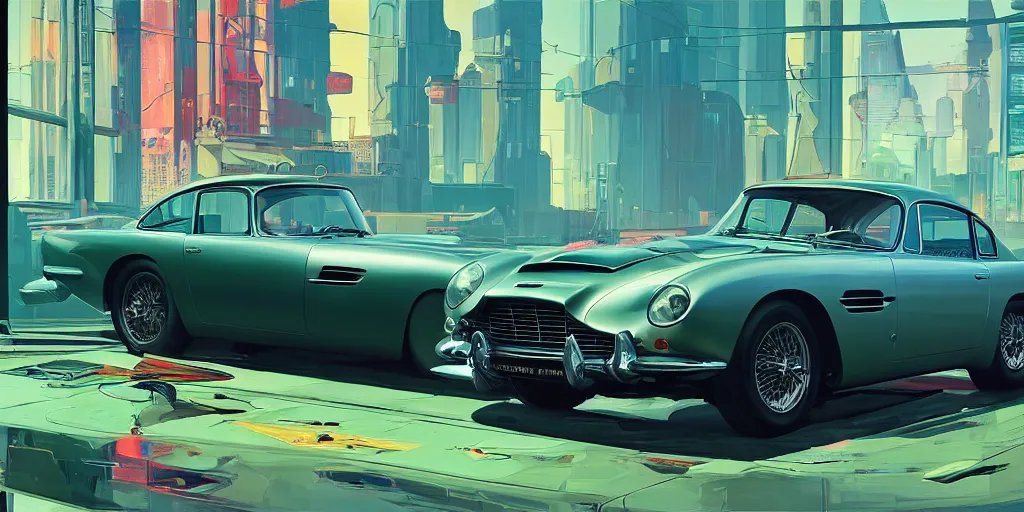 Image similar to art style by Ben Aronson and Edward Hopper and Syd Mead, wide shot view of the Cyberpunk 2077, on ground level. full view of the Aston Martin DB4 1958 with wide body kit modification and dark pearlescent holographic paint, has gullwing doors open.