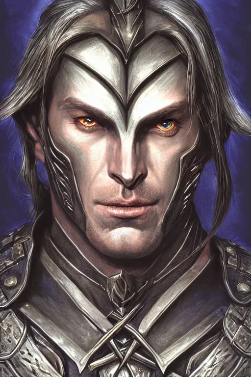 Prompt: head and shoulders portrait of an eldrich knight, drow, dark elf, shadar kai, breastplate, magical, male, high fantasy, d & d, by michael whelan, face details, extremely detailed, digital illustration