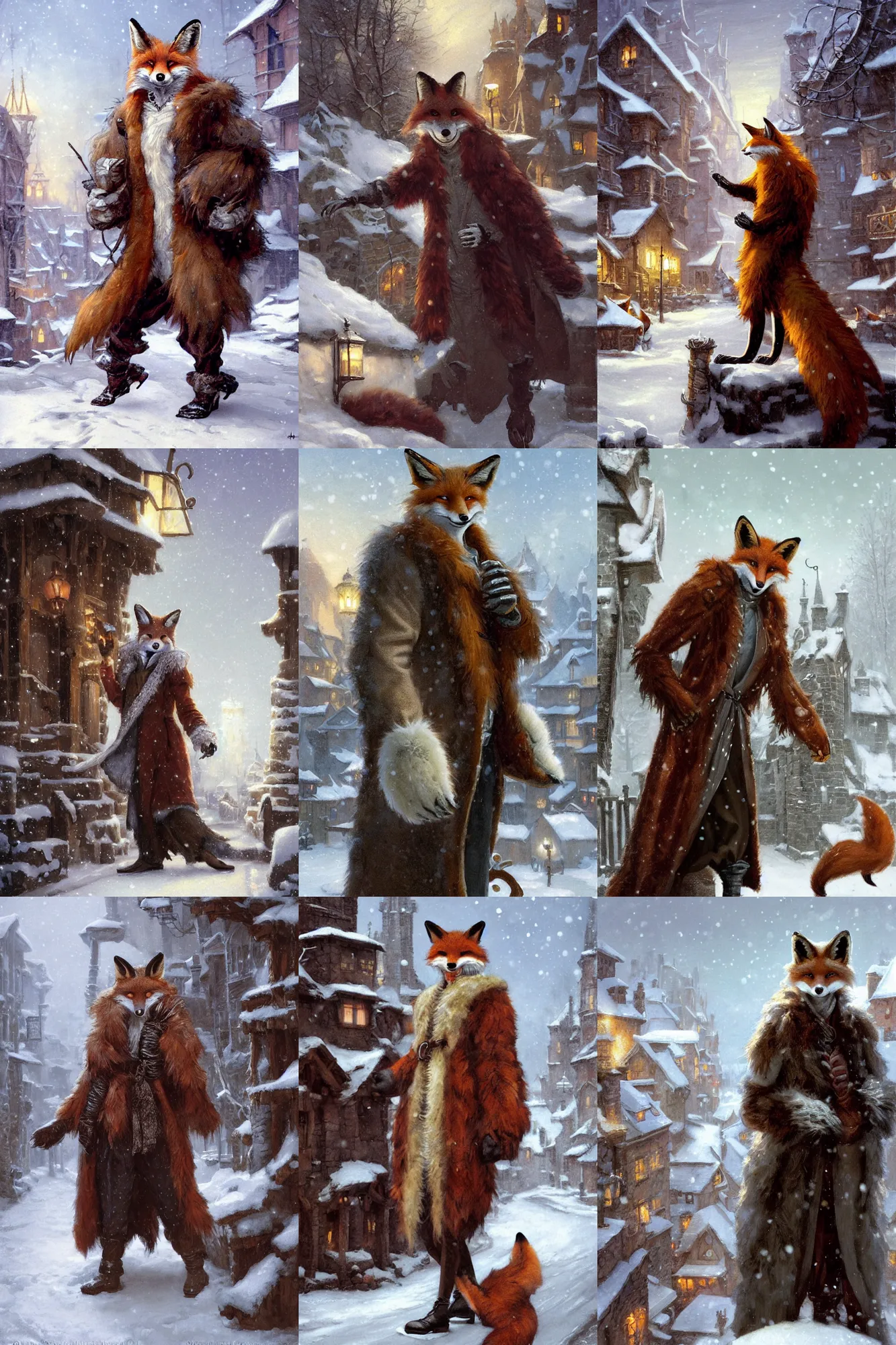 Prompt: an anthropomorphic fox man wearing a long fur coat and mittens in a snowy village, character illustration by greg rutkowski, thomas kinkade, Howard Pyle, El Greco, Cynthia Sheppard, disney