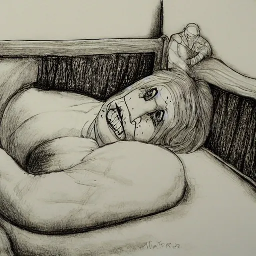 Prompt: Monster in bed, ink drawing,