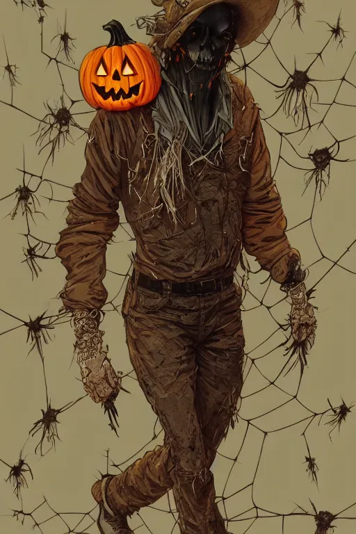 Image similar to a scarecrow with jack - o - lantern head, full body, big two toned eyes, halloween, horror, intricate details, cinematic, epic, realistic, anatomy, tomer hanuka, uplight, artstation, photorealistic, scary