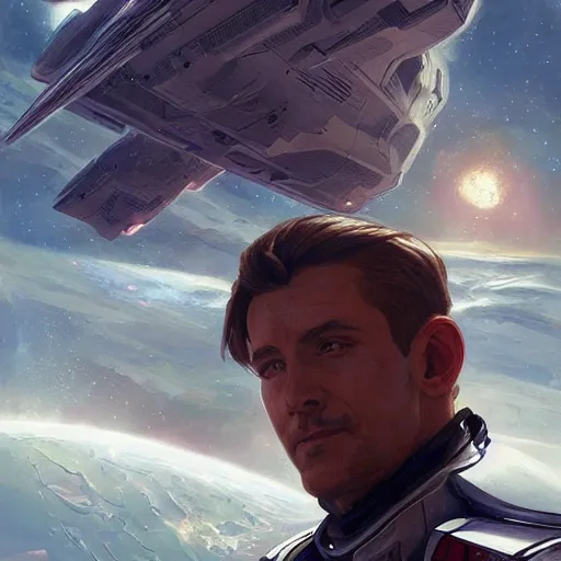 Prompt: portrait of a male space captain standing next to his space fighter ship, D&D, fantasy, intricate, muscular, highly detailed, digital painting, artstation, concept art, smooth, sharp focus, illustration, art by artgerm and greg rutkowski and alphonse mucha