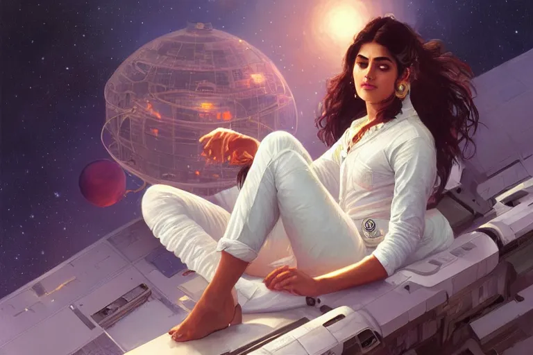 Image similar to Sensuous good looking pale young Indian doctors wearing jeans in a space station above Earth, portrait, elegant, intricate, digital painting, artstation, concept art, smooth, sharp focus, illustration, art by artgerm and greg rutkowski and alphonse mucha