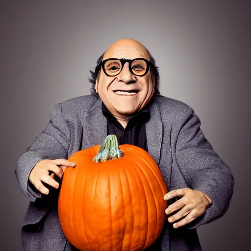 Image similar to photograph of danny devito cosplaying as a pumpkin, 4 k