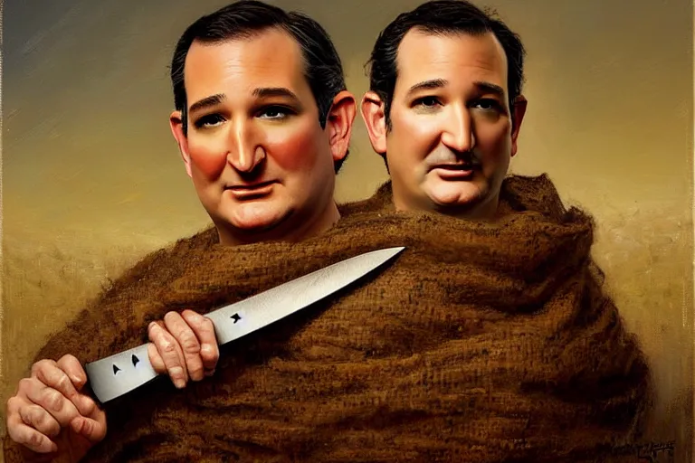 Image similar to portrait of ted cruz wearing a burlap sack with a knife at night in texas, an oil painting by ross tran and thomas kincade