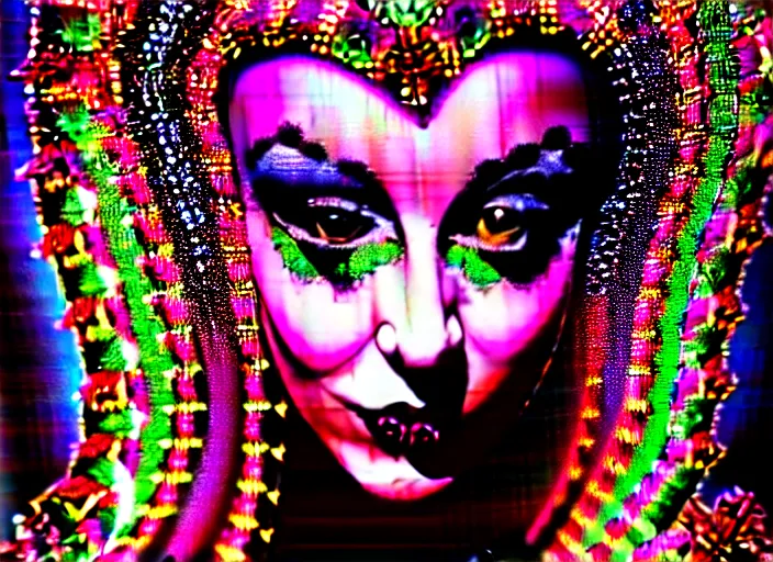 Prompt: baroque bedazzled gothic bedazzled futuristic frames surrounding a pixelsort highly detailed portrait of a colorful maximalist maximalism deocra cute jester art of the face of anonymous, a hacker hologram by penny patricia poppycock, pixabay contest winner, holography, irridescent, photoillustration, maximalist vaporwave