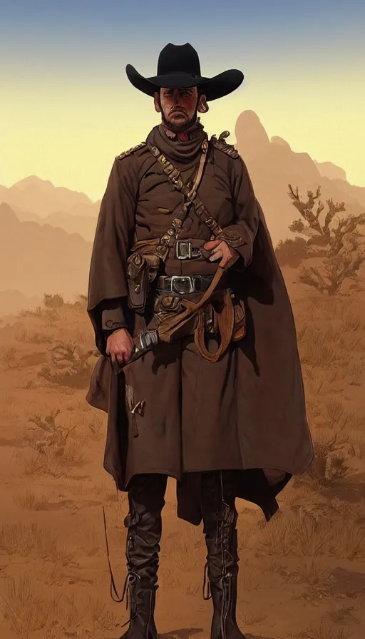 Image similar to steady cowboy, gaucho poncho, xix century military outfit, desert storm background, intricate, highly detailed, digital painting, artstation, concept art, sharp focus, illustration, art by Artgerm, Grafit Studio, and Greg Rutkowski, Craig Mullins, Makoto Shinkai, Stanley Artgerm Lau, WLOP, Rossdraws, James Jean, Andrei Riabovitchev, Marc Simonetti, krenz cushart, Sakimichan, D&D trending on ArtStation, digital art. - W 700