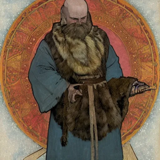 Prompt: portrait of bald, middle-aged Slavic Viking priest wearing thick fur collar and vestments, and standing tall in the blizzard, with fading blue woad tattoos on forehead, head, and cheeks, portrait by Anato Finnstark, Alphonse Mucha, and Greg Rutkowski