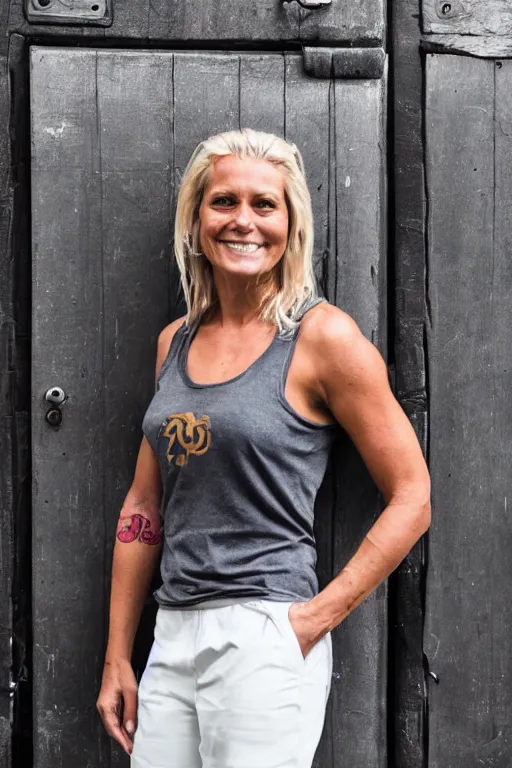 Image similar to photographic portrait of a blonde woman, 40 years old, brown sun tanned skin, tattoos down left arm and back, wearing a charcoal vest top, white shorts and hiking boots, stood in sunshine in front of a door