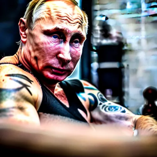 Prompt: putin at a tattoo shop. getting a tattoo of the letter z on his chest. canon eos r 3, f / 1. 4, iso 2 0 0, 1 / 1 6 0 s, 8 k, raw.