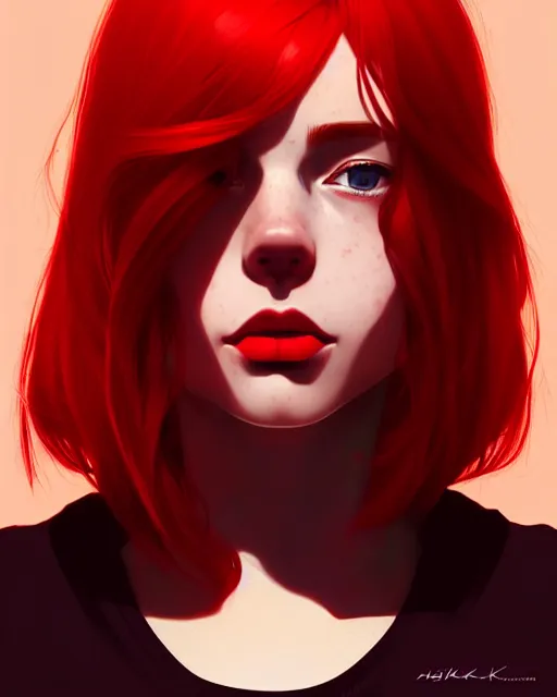 Prompt: a detailed portrait of an attractive!! woman with red hair and freckles by ilya kuvshinov, digital art, dramatic lighting, dramatic angle