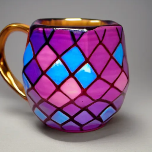 Prompt: dodecahedron ceramic mug with pink and purple pearlescent glaze