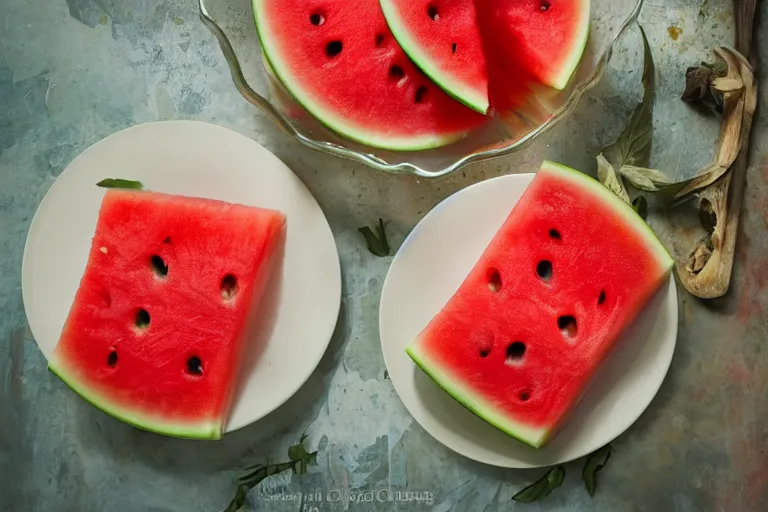 Prompt: watermelon and swiss cheese aspic, food photography, romance novel cover,