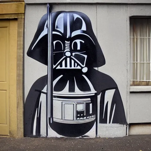 Prompt: banky street - art of darth vader kissing jar jar binks