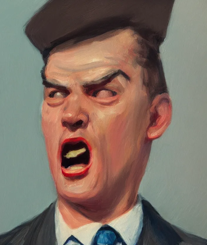 Prompt: a close up portrait painting of a man in a suit, the man is screaming and sad, highly detailed facial details, face close up, in the style of edward hopper, fine brush strokes, 4 k,