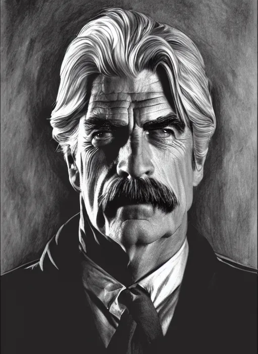 Prompt: hyperrealist pencil sketch of sam elliott as dracula by david malan and alphonse mucha, fantasy art, drawing, dynamic lighting, artstation, poster, volumetric lighting, very detailed faces, 4 k, award winning