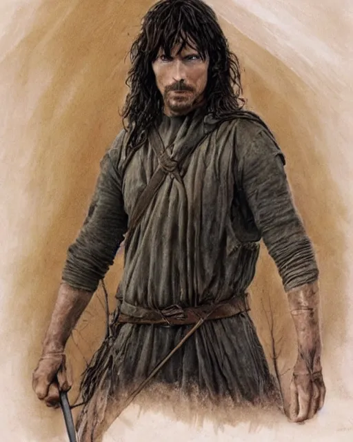 Image similar to Christian bale as Aragorn, by Alan Lee and John howe, at sunset, concept art, detailed clothing, featured on art station, matte painting