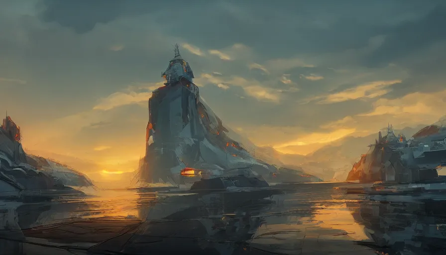 Prompt: concept art by andrey surnov and federico pelat, cel shaded, cinematic shot, trending on artstation, high quality, brush stroke, sunrise goes back and forth in the port of impression