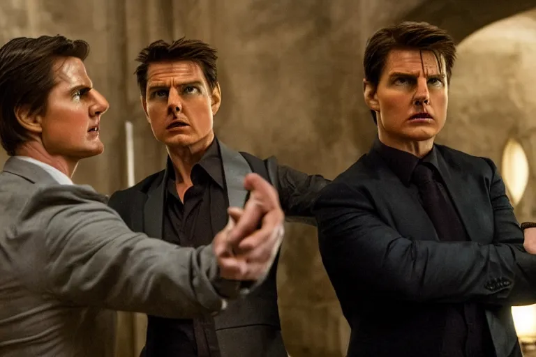 Prompt: a film still of Peter Serafinowicz arguing with Tom Cruise in Mission: Impossible IX, high quality