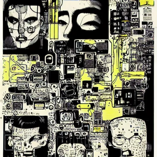 Prompt: a face covered in computer circuits, scifi, bladerunner, cyberpunk, heavy ink, yellow, illustration by mike mignola