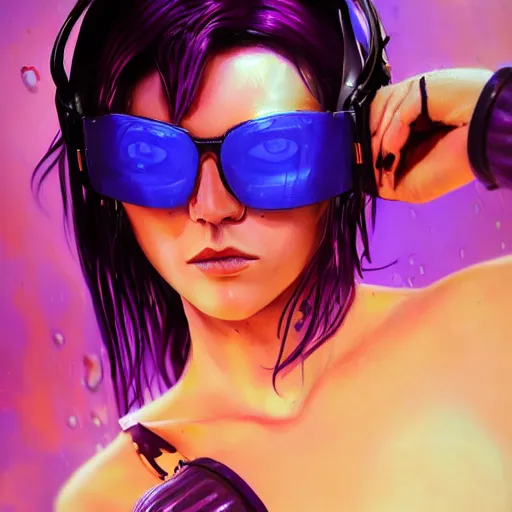 Image similar to very detailed masterpiece painting of a very beautiful wet young mexican cyberpunk woman with blue shutter shades, shaved one side haircut, dark purple hair, purple leather jacket, closeup, cyberpunk background, purple lighting, raining, portrait, artstation, concept art by greg rutkowski