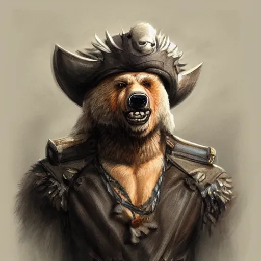 Image similar to dashing charming grinning charismatic bear beast-man rogue, wearing captain's tricorne hat, naval background, amazing, lifelike award winning pencil illustration trending on art station artgerm Greg rutkowski cinematic