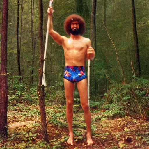 Prompt: a man in a bathing suit holding an umbrella in the woods, a colorized photo by david lachapelle, flickr contest winner, primitivism, 1 9 7 0 s, bob ross, movie still