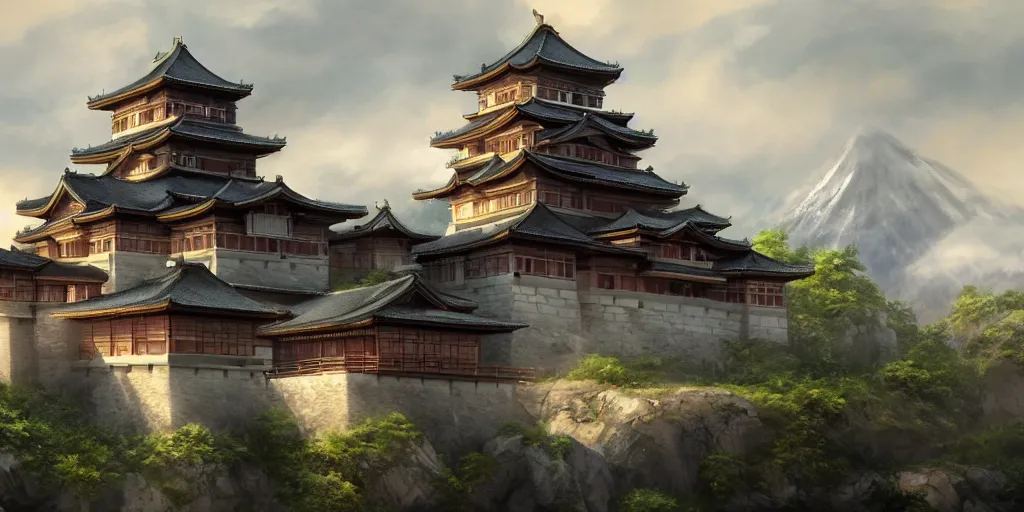 Image similar to A beautiful, perfect, impressive, amazing concept art digital CG painting of a japanese castle, trending on ArtStation, Unreal Engine