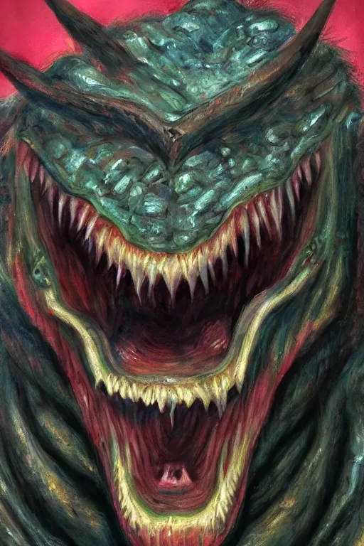 Image similar to oil painting, close-up, hight detailed, portrait of hell beast showing his teeths, in style of 80s sci-fi art