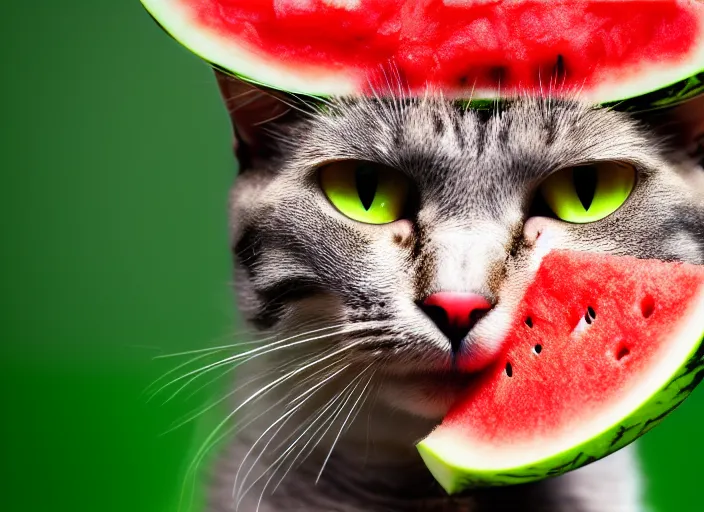 Image similar to photo of a cat wearing a helmet made of a watermelon. fantasy horror style. highly detailed 8 k. intricate. lifelike. soft light. nikon d 8 5 0 5 5 mm. dof. cinematic post - processing.