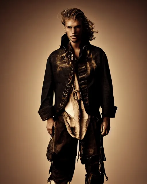 Image similar to an award - winning photo of an ancient male model wearing a thick plain cropped extremely baggy distressed pirate designer menswear cloth jacket designed by alexander mcqueen, 4 k, studio lighting, wide angle lens