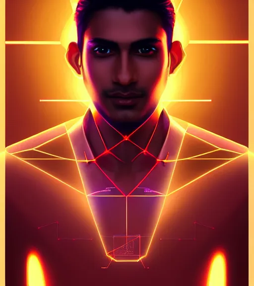 Image similar to symmetry!! indian prince of technology, solid cube of light, hard edges, product render retro - futuristic poster scifi, lasers and neon circuits, brown skin handsome indian prince, intricate, elegant, highly detailed, digital painting, artstation, concept art, smooth, sharp focus, illustration, dreamlike, art by artgerm