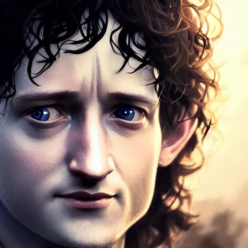 Image similar to selfie of frodo, fine detailed face, long curly hair, stunning 3 d render inspired art by greg rutkowski and xiang duan and thomas eakes, realistic, highly detailed attributes and atmosphere, dim volumetric cinematic lighting, 8 k octane detailed render, post - processing, masterpiece