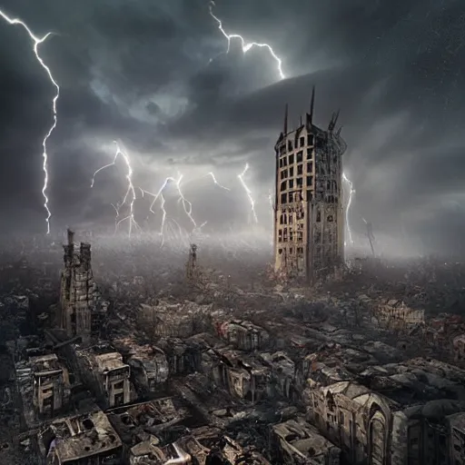 Prompt: a destroyed city with a big tower in the middle covered in mist, lightning bolts hitting the buildings, by michal karcz
