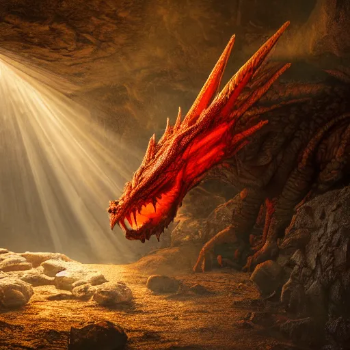 Image similar to photo of a large red scaly dragon sleeping on a giant pile of human bones in a dark dusty cave with a ray of light shining on it\'s face. Very detailed 8k. fantasy