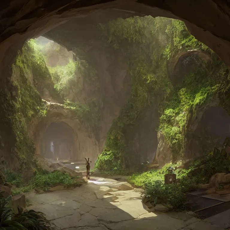 Image similar to arc hallway for secret overwatch living quarters carved inside a cave surrounding a lush garden, trimmed, magical, natural light, clean lines, cozy, fantasy, minimalist architecture, sharp focus, concept art, by greg rutkowski and craig mullins,, octane render 8 k