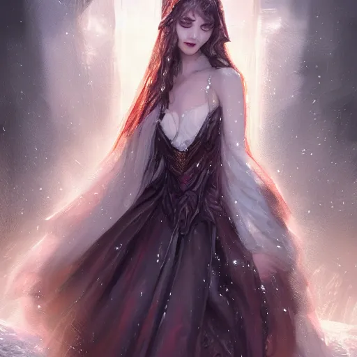 Prompt: beautiful girl, whimsical portrait, ice magic, long face, sharp features, dark hair, dark robe, intricate, elegant, highly detailed, cgsociety, trending on artstation, dnd, castle background, warm light, concept art, illustration