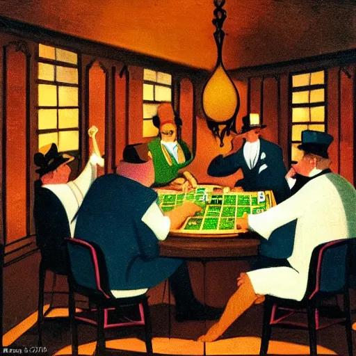 Image similar to fat cats gambling at a table with a single light overhead, dark room, smoke fills the room, roaring 2 0 s american art style