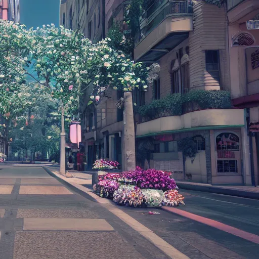 Prompt: an art deco cityscape, street lined with flowers. cinematic still from final fantasy advent children, 3 d, octane render, realistic 8 k, dynamic lighting