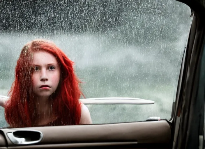 Image similar to A very high resolution image from a new movie, inside of a car, teen red hair woman, raining, hot, directed by wes anderson