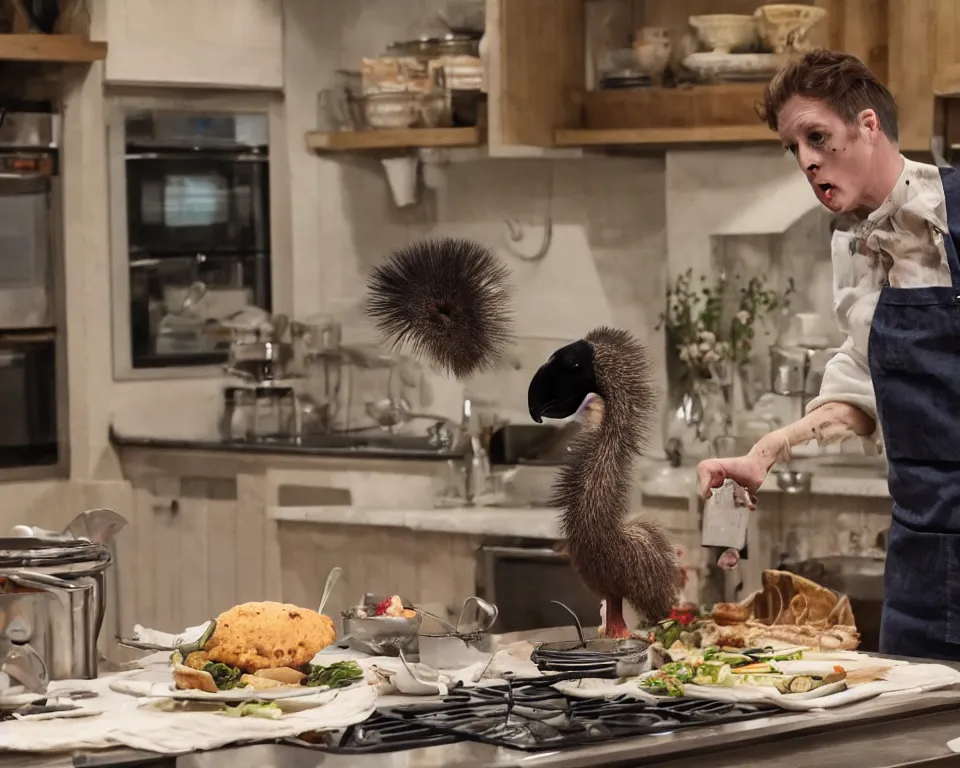 Prompt: a horror movie featuring a ostrich hosting a cooking show,