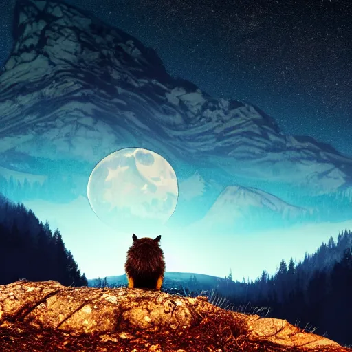 Prompt: a badger watching a starry sky with the moon rising over mountains, dreamlike, 4k,