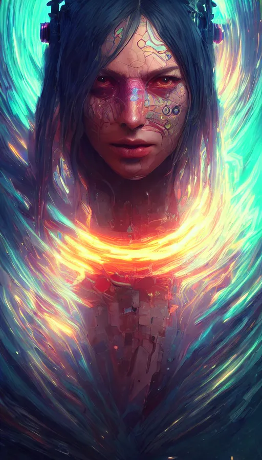 Prompt: I have no mouth and i want to scream, cyberpunk angry gorgeous druid, pixel sorting, neon, fibonacci, sweat drops, insane, intricate, highly detailed, digital painting, artstation, concept art, smooth, sharp focus, illustration, Unreal Engine 5, 8K, art by artgerm and greg rutkowski and alphonse mucha