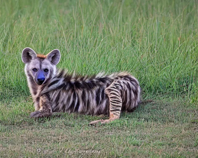 Image similar to striped hyena laying in between the green in savannah, sunset, far - shot