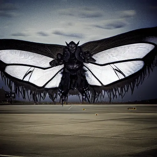 Image similar to mothman at airport, high detail, scary